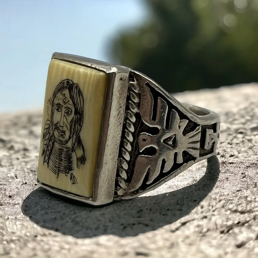 Fred Harvey Southwest Native American Thunderbird Carved Chief Silver Ring 9.5 - Picture 6 of 9